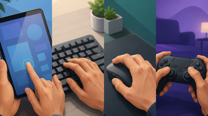 Ilustrasi membandingkan kontrol layar sentuh keyboard mouse dan controller