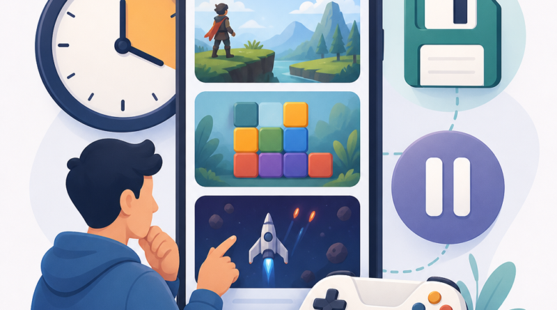 Ilustrasi memilih game untuk sesi singkat dengan fitur simpan yang jelas