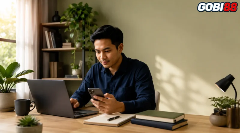 Ilustrasi GOBI88 Artikel tentang pembaca yang menilai informasi digital melalui laptop dan ponsel.