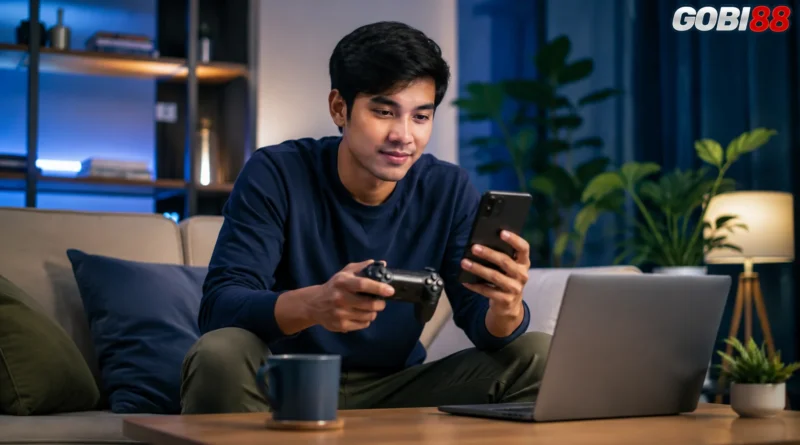 Ilustrasi GOBI88 Games tentang pembaca yang menggunakan perangkat digital untuk membaca konten game.