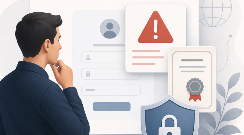 Ilustrasi membaca peringatan keamanan browser sebelum membuka halaman akun